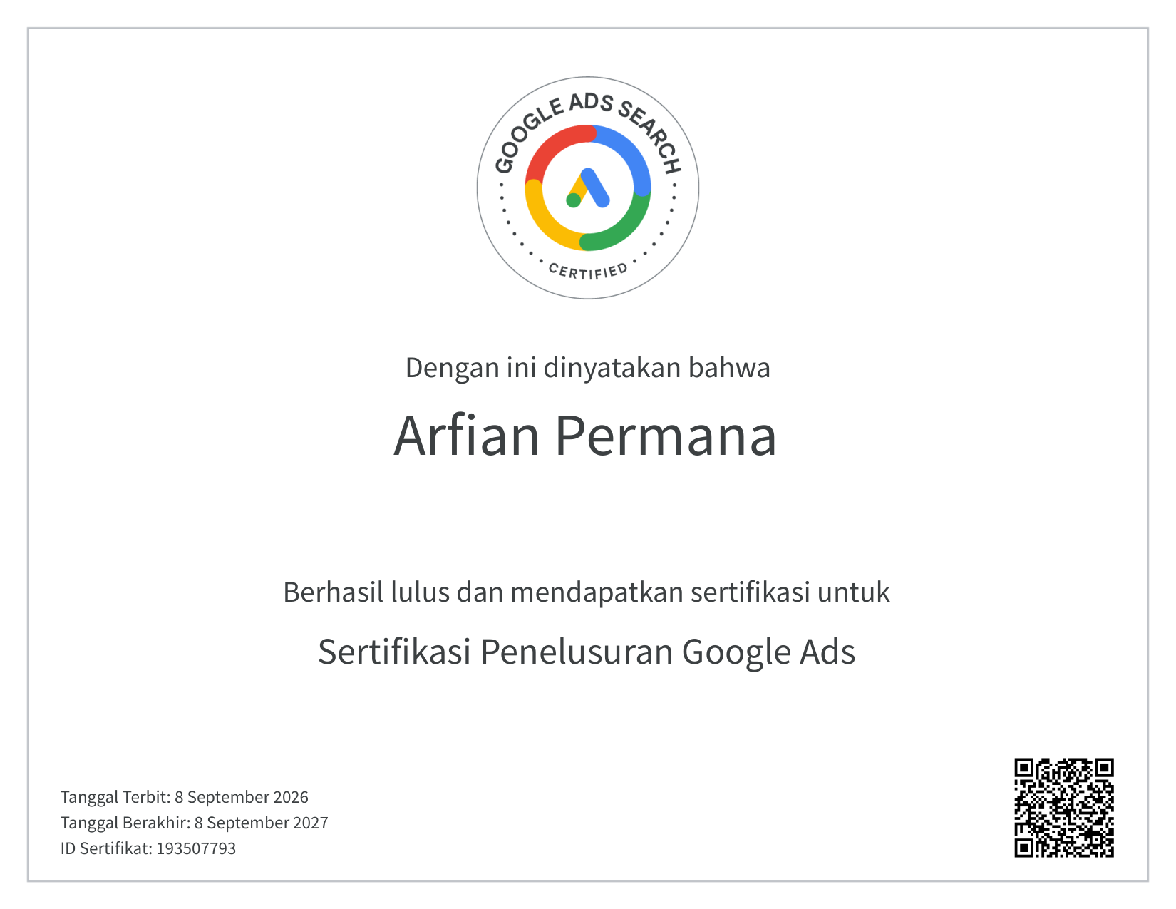 Sertifikasi Penelusuran Google Ads — Google Skillshop — Arfian Permana — 8 September 2026 — ID 193507793